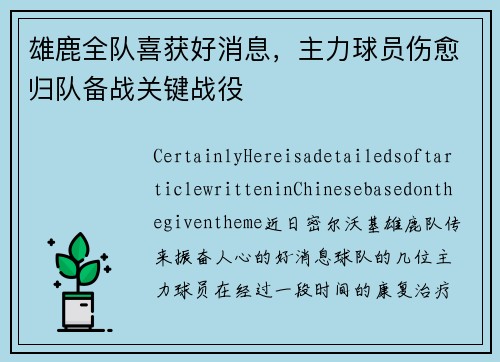 雄鹿全队喜获好消息，主力球员伤愈归队备战关键战役