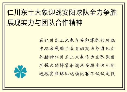仁川东土大象迎战安阳球队全力争胜展现实力与团队合作精神
